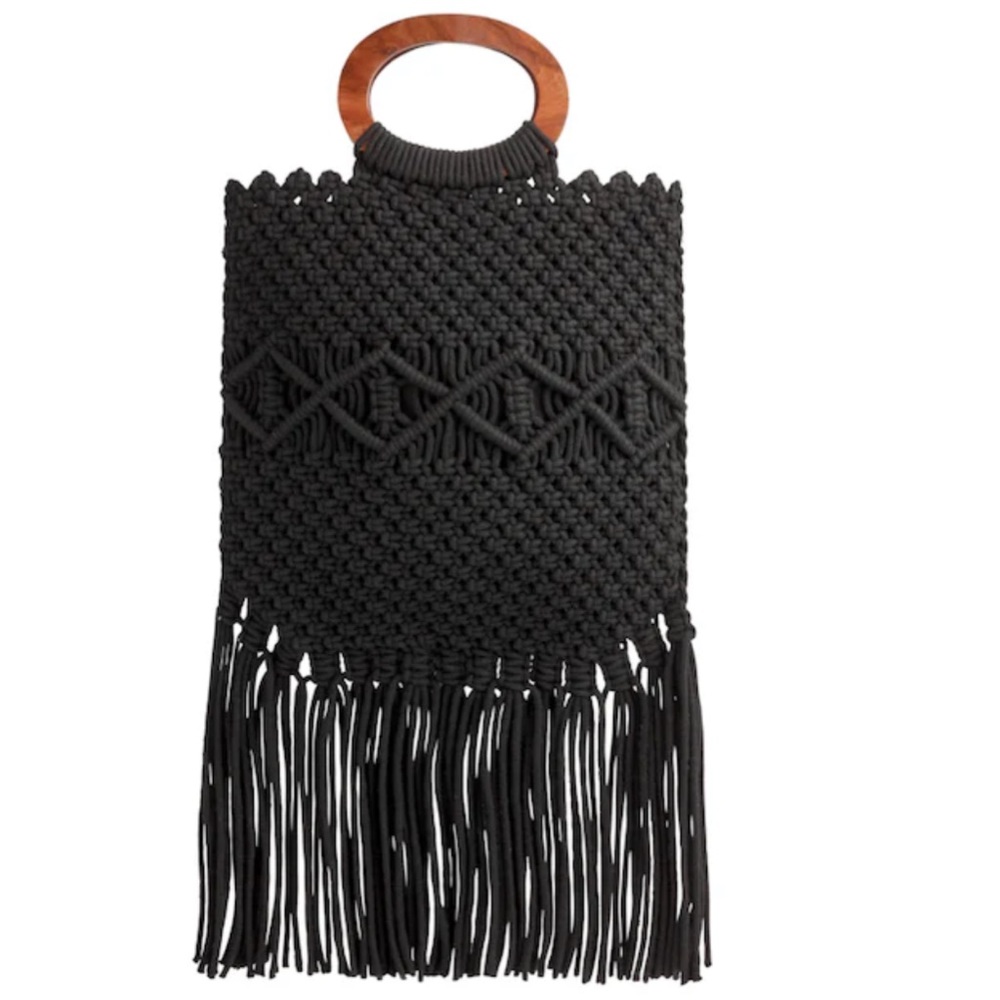 Danielle Nicole Black Macramé Fringe Crossbody Bag with Wood Handles